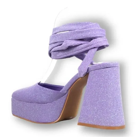 Daisy Street for Dolls Kill purple glitter platform tie up heels sz5 - Picture 4 of 9